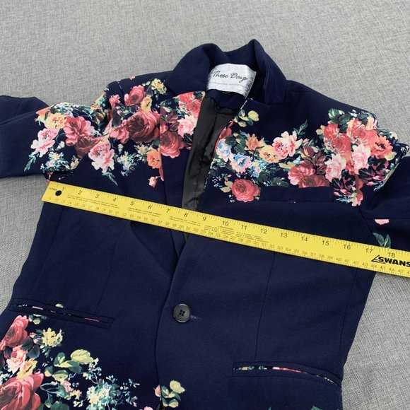 Those Days Beautiful Navy Blue Jacket Floral Print Shoulder Pads Cotton 1 Button - Picture 13 of 15